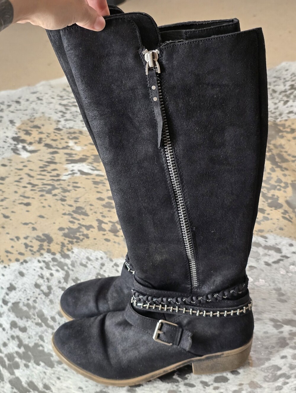 Kohl's Black Suede Knee-High Boots with Decorative Zipper & Buckle - Picture 4 of 8